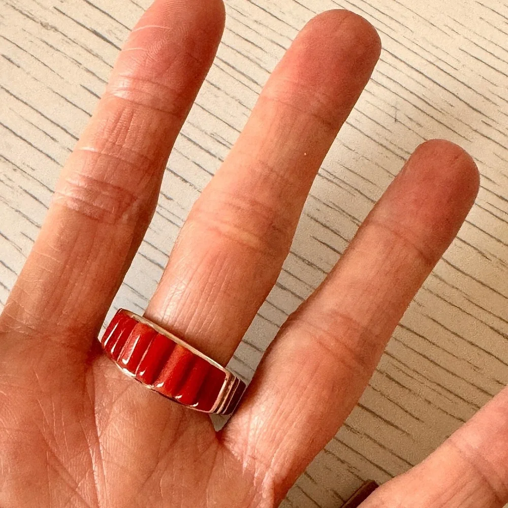 Navajo Red Coral Wedding‎ Band Sz 12.5 Mens Ring 10mm Corn Inlay Signed Rick T